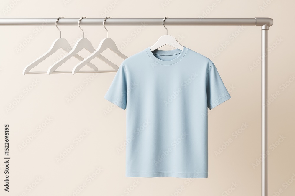 Poster light blue t-shirt hanging on white hanger with empty hangers on rail, minimal background for brandi