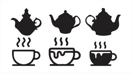 Teapots and Cups Silhouette Icon Set – Black Vector Illustration of Tea Serving. Victor illustration eps 10