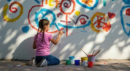 Little Girl Painting Colorful Mural on Wall Outdoors