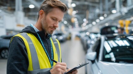 Worker inspecting vehicles in an automotive manufacturing plant during a busy production shift