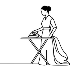 Woman ironing clothing while standing at an ironing board, outlined design
