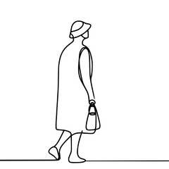 Woman walking with handbag in vector style with single line outline, back view