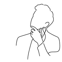 Man thinking with hand on chin in single line outline vector style  