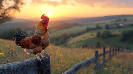 Majestic rooster at sunrise in the peaceful countryside