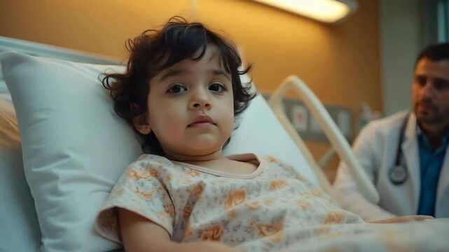 A child with leukemia receiving chemotherapy in a brightly lit hospital room, IV drip visible, a concerned male doctor in the background wearing a blue surgical gown