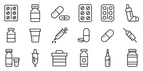 Minimalist icon set featuring medical pills inhalers syringes and pharmaceutical bottles