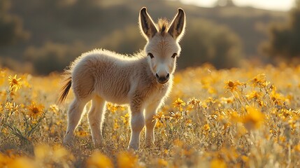 A baby donkey stands in a sunlit meadow filled with wildflowers