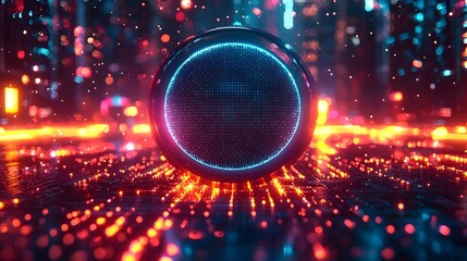 Futuristic neon speaker levitating in a cityscape