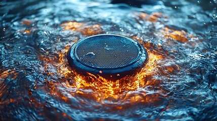 Glowing neon speaker submerged in rippling water