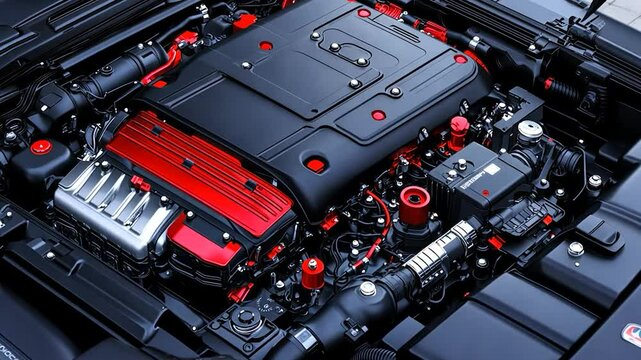 High-Performance V8 Engine: Red Accents and Black Chassis