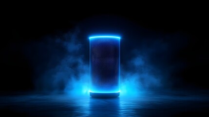 Futuristic neon speaker analyzing soundwaves