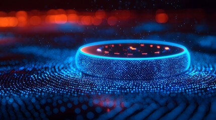 High tech speaker with glowing blue neon controls analyzing soundwaves in real time