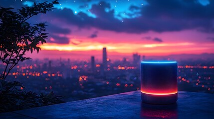 Neon speaker on a rooftop overlooking a city skyline at night