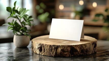 Blank white card on a wooden podium