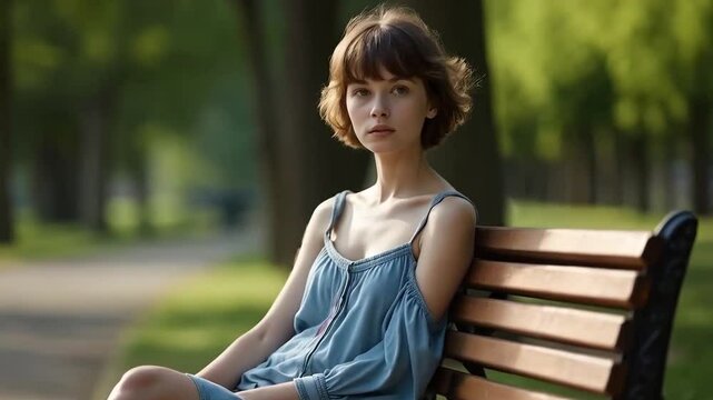 A young, emaciated  woman sitting alone on a park bench, a faded blue dress hangs off her thin frame, her expression distant and melancholic, embodying anorexia nervosa