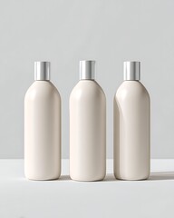 Empty shampoo bottles lined up on white background. Clean advertising style, no branding.