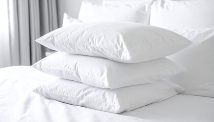 Fototapeta premium White bed with pillows in a cozy bedroom setting