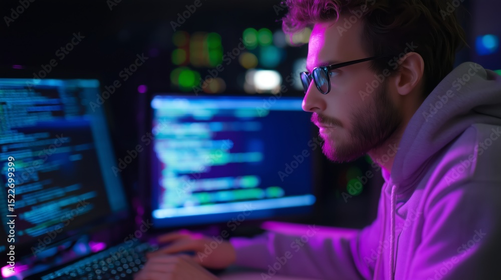 Poster young programmer focused on coding in a dark environment with vibrant screen lights at night