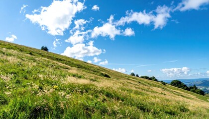 Obraz premium Grassy hillside under a bright blue sky dotted with fluffy white clouds in daytime