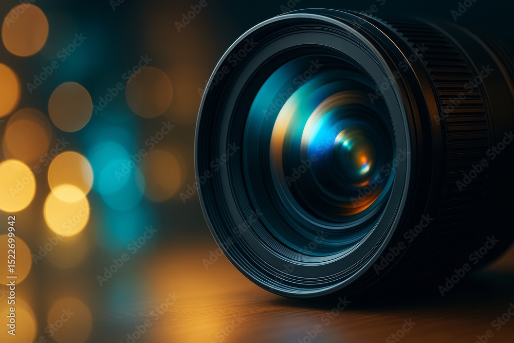 Poster close-up of professional camera lens with colorful reflections and soft bokeh lights in background, 