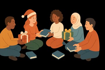 Group of diverse people sitting around an open book, discussing. Isolated on transparent background.