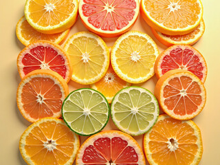Fototapeta premium Sliced citrus fruits (orange, lemon, lime, grapefruit) arranged in a symmetrical pattern, top view.