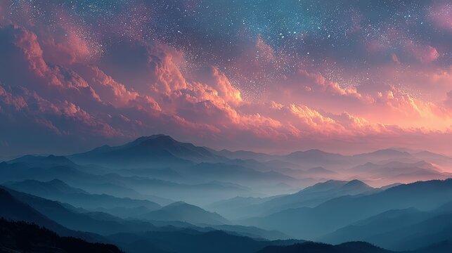 Vibrant sunset sky over layered mountains captured at twilight with dramatic clouds and starlit sky