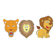 Cartoon Lion and Tiger Head Illustration – Cute Hand Drawn Jungle Animals for Kids, Wildlife Character Design, and Educational Use