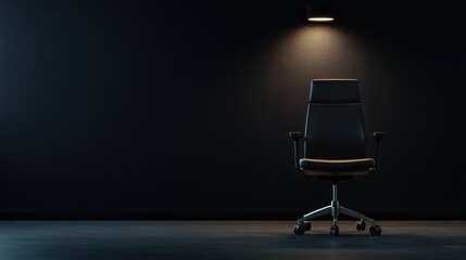Dark Modern Office Space with Single Illuminated Chair in Minimalist Design Style