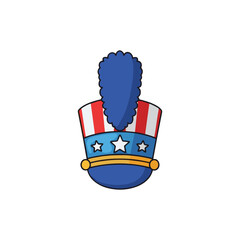 Patriotic drum major hat illustration with red, white, blue and stars theme.
