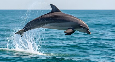 Fototapeta premium Majestic Dolphin Leaping from Ocean Waves Breathtaking Wildlife Photography