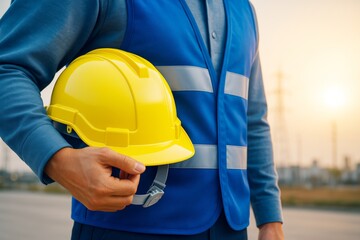Construction worker holding yellow safety helmet in hand wearing blue vest, standing outdoors with industrial background at sunset light.