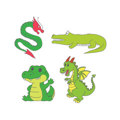 Cute Cartoon Reptile Characters – Dragon and Crocodile in Hand Drawn Style for Kids, Fantasy Illustration, and Wildlife Education