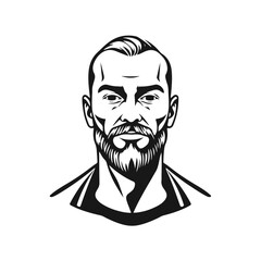Serious man with short hair, thick beard and clear facial features in graphic style, bearded man, male portrait, vector illustration, graphic face, short hairstyle