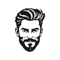 Stylized male face with thick hair and full beard, strong expression, bold lines, monochrome vector portrait, hipster style, bearded man, modern haircut, masculine face, vector portrait