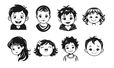 Cute kids faces set, cartoon children, emotional baby expressions, black white characters	