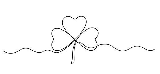Clover one line drawing, symbol of St. Patrick's Day icon continuous outline isolated sketch