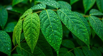 Lush Green Leaves with Dew Drops Nature's Refreshing Beauty