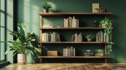 Stylish shelving unit with a diverse collection of books and green plants in a modern interior setting