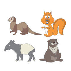 Cute Cartoon Forest Animals Collection – Squirrel, Civet, Otter, and Tapir in Hand Drawn Style for Kids, Jungle Wildlife, and Educational Use