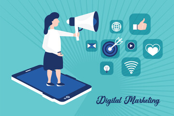 Businesswoman using megaphone with digital target and social media icon
