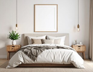 Serene bedroom interior with minimalist decor blank frame and warm lighting