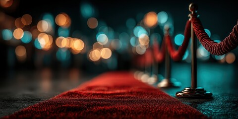 Red carpet event with velvet path and ropes during evening gala filled with soft glowing lights