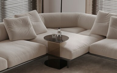 Close-up of glass coffee table in natural beige living room interior with a couch