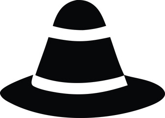 A simple black and white illustration of a conical hat with a wide brim