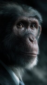 Chimpanzee portrait showcasing intelligence and anthropomorphism through suit and tie suggesting conceptual humanization