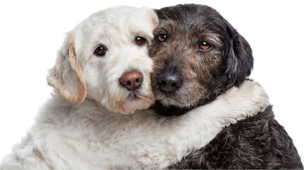 White and black dogs embracing each other on a transparent background, capturing a heartwarming moment filled with friendship, affection, and the joy of companionship