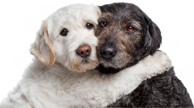 White and black dogs embracing each other on a transparent background, capturing a heartwarming moment filled with friendship, affection, and the joy of companionship