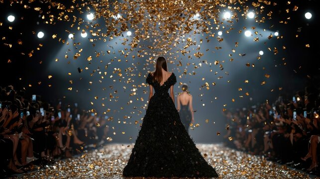Eco-Conscious Fashion Moment on the Runway with Golden Confetti and Captivated Audience