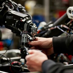 Fototapeta premium Close-up of hands fine-tuning professional camera gear, showcasing precision and technical expertise in audiovisual technology.